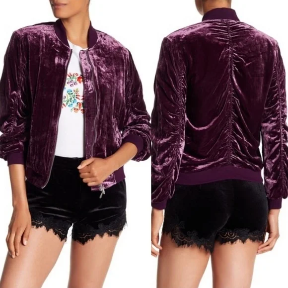 Rebecca Minkoff Kaya Velvet Ruched Sleeved Back Zip Rayon Viscose Bomber Jacket - Picture 2 of 15